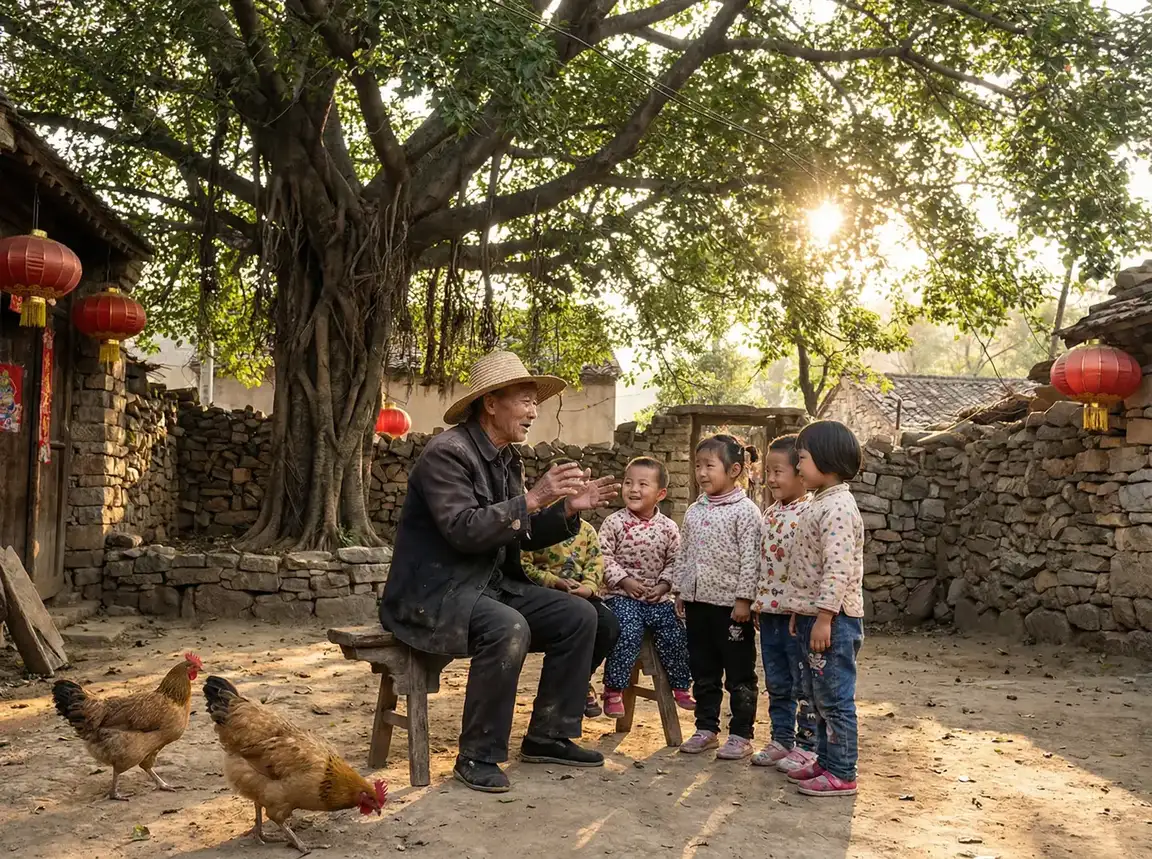 老人在大榕树下给孩子们讲故事 - 啪啪啪姿势 乡村记忆